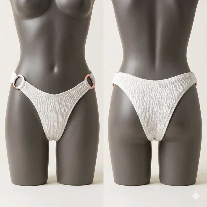 White Textured Bikini Bottom with Ring Detail