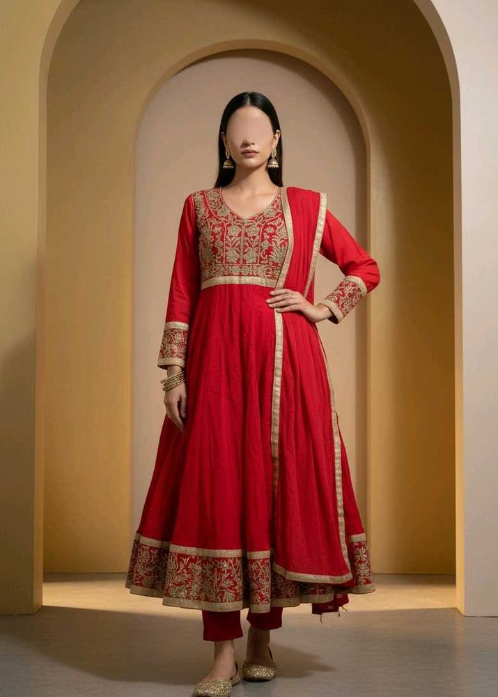 Red Embroidered Anarkali Kurta Set