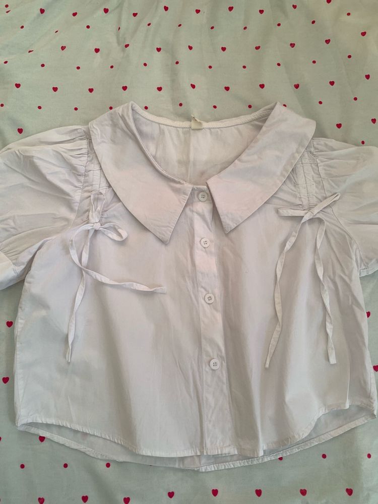 Chic White Puff Sleeve Collared Top