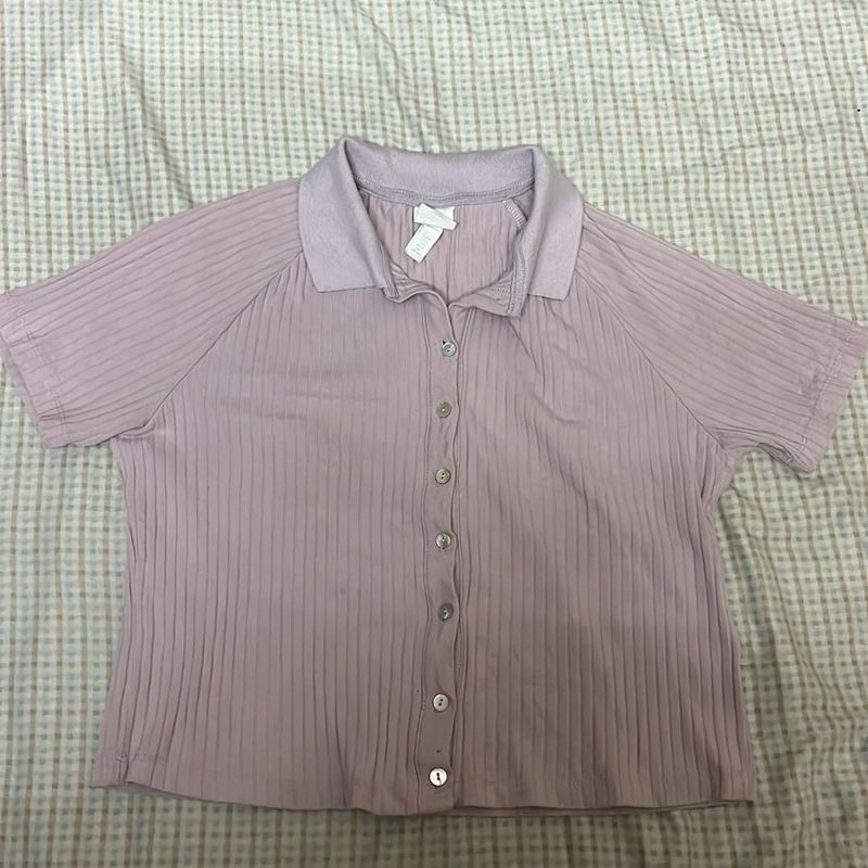 Ribbed Knit Button-Down Top