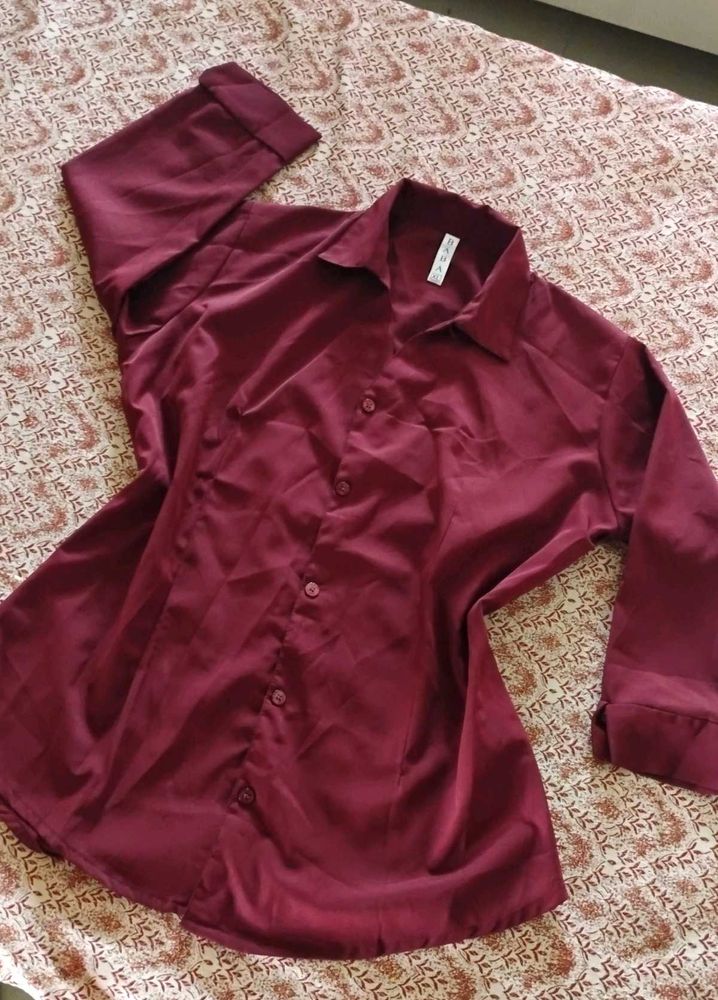 Maroon Satin Button-Up Shirt