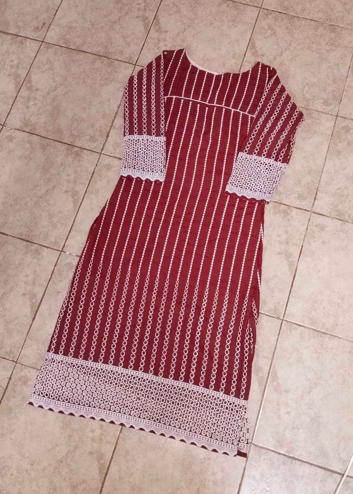 Maroon &amp; White Striped Kurta