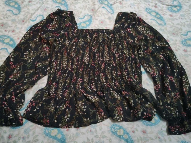 Smocked Floral Square Neck Top
