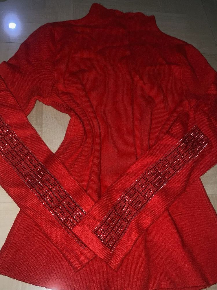 Red Mock Neck Top with Embellishment