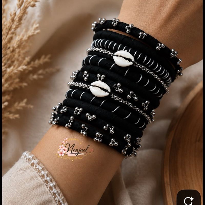 Boho Black Bangles with Shell Accents