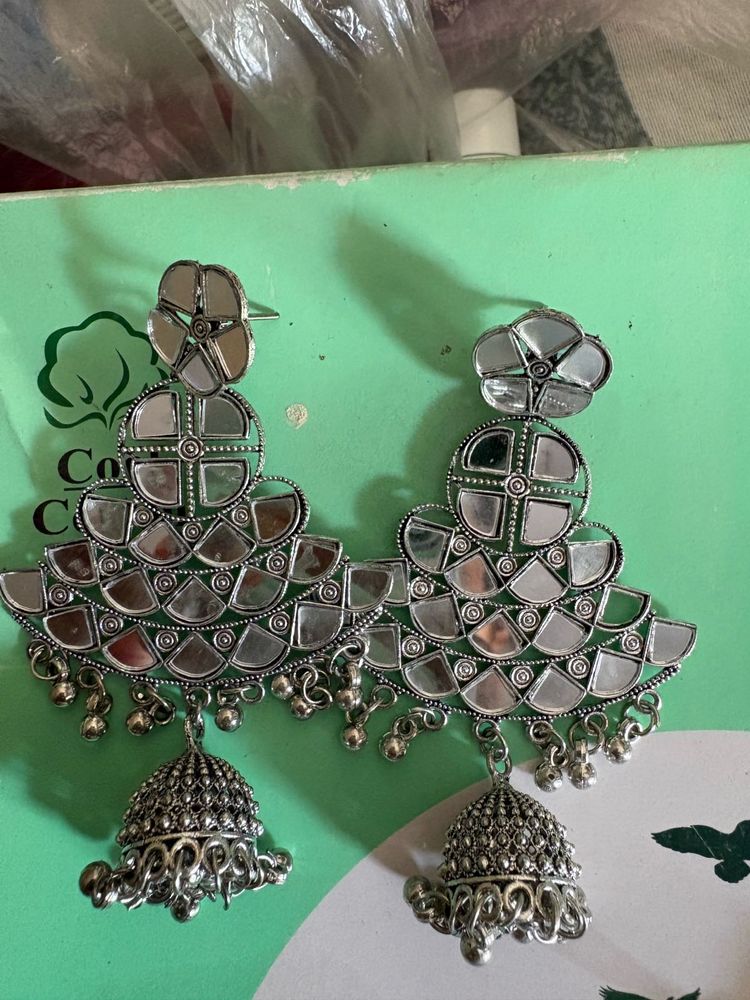 Oxidized Mirror Work Jhumka Earrings