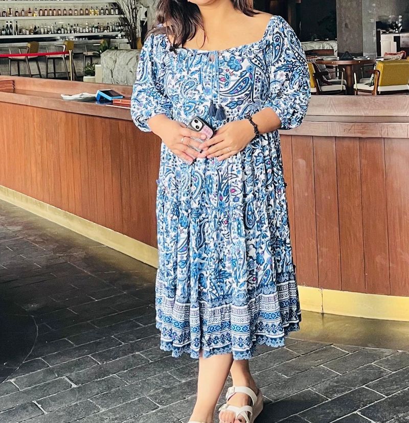 Boho Blue Paisley Print Midi Dress