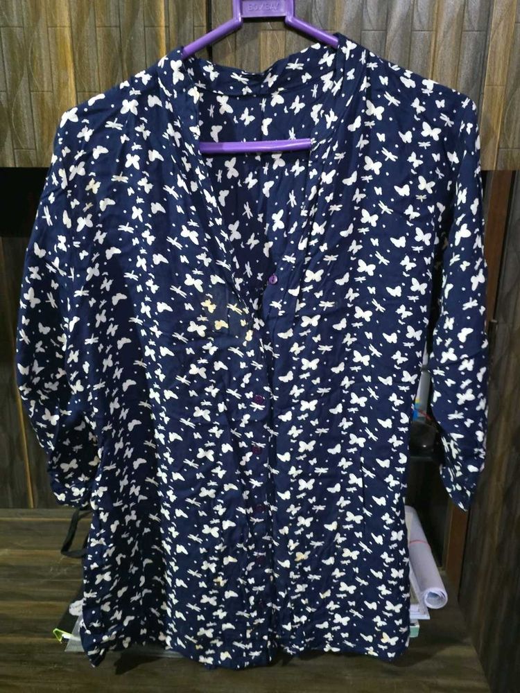 Navy Blue Butterfly Print Tunic Top