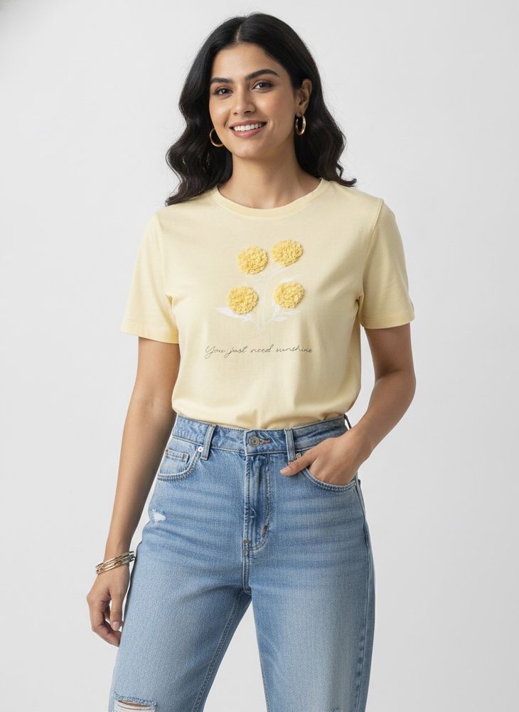 Cute Yellow T-Shirt with Flower Applique