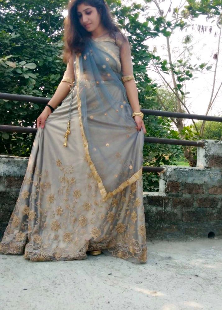 Elegant Grey &amp; Gold Embroidered Lehenga Choli