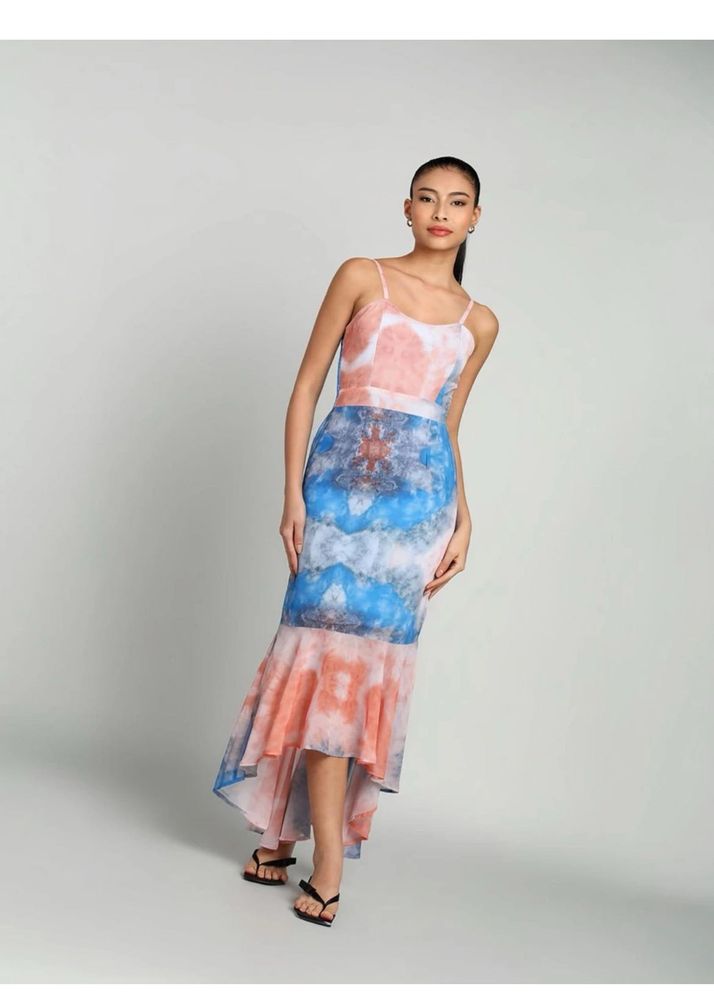 Tie-Dye Print Maxi Dress with Ruffle Hem