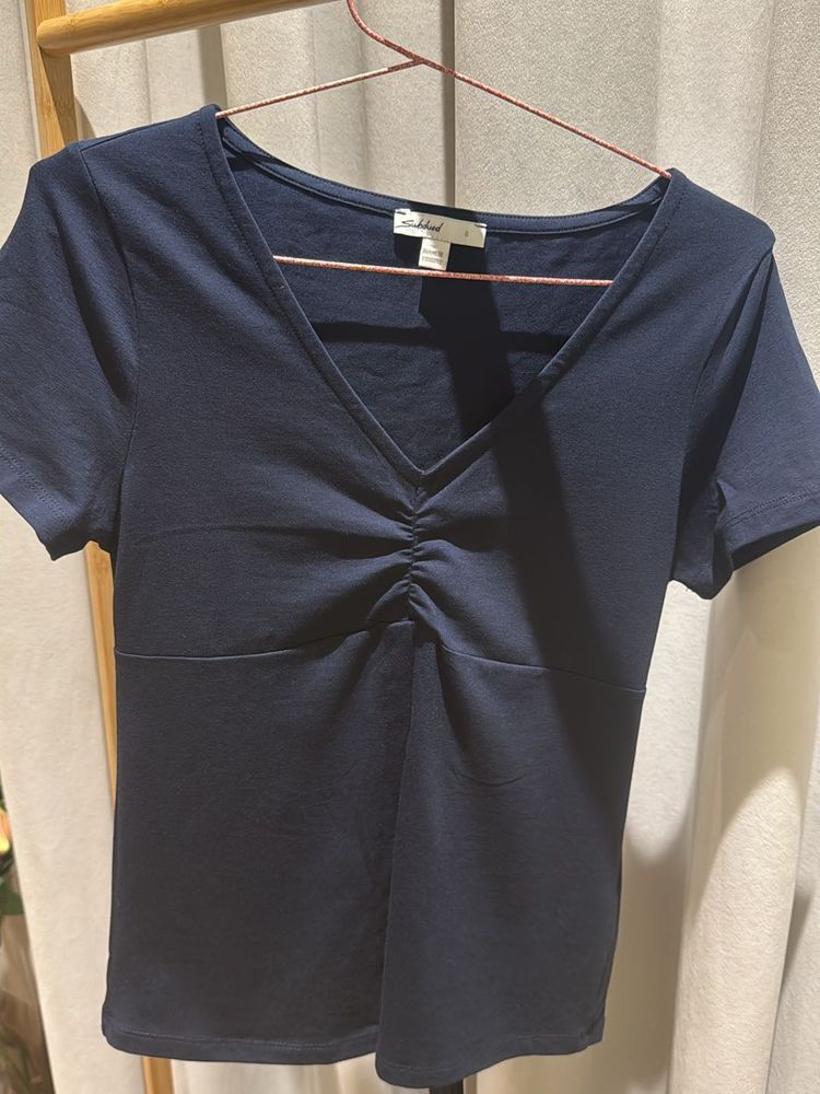 Navy Blue Ruched V-Neck Top