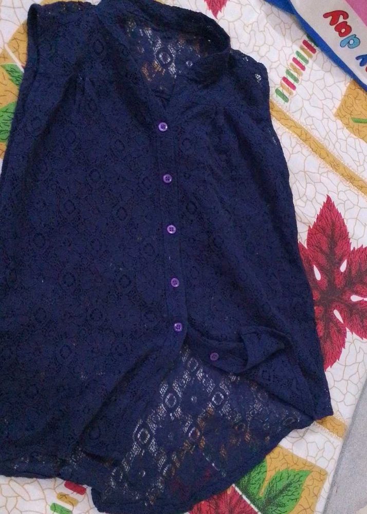 Navy Blue Lace Button-Up Tunic