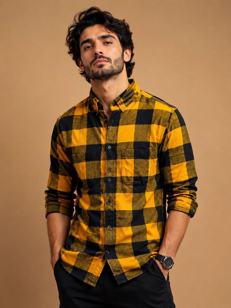 H&amp;M Men's Yellow &amp; Black Checkered Shirt
