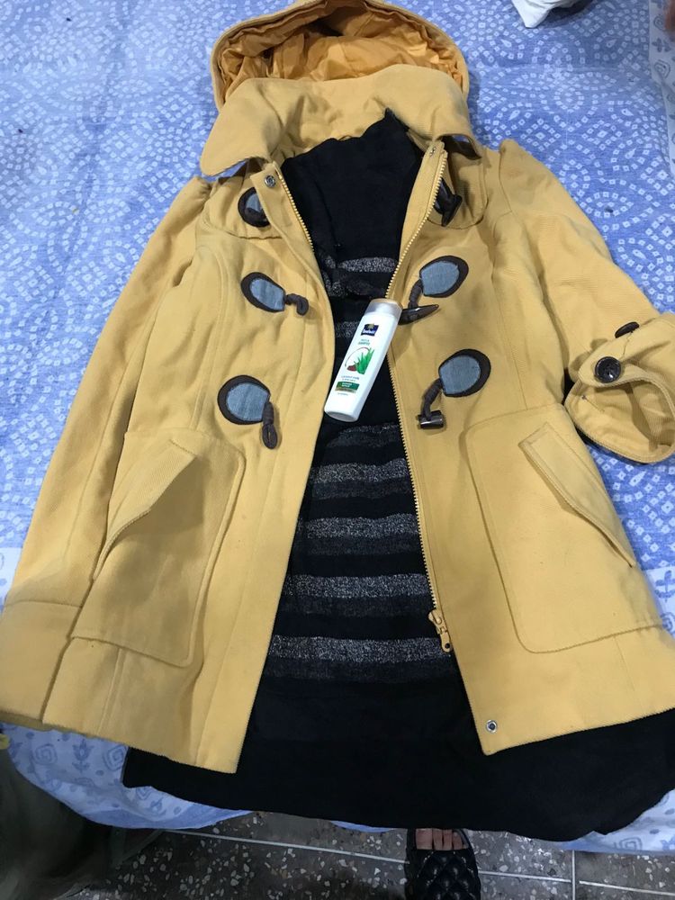 Stylish Yellow Hooded Coat dress facewash free