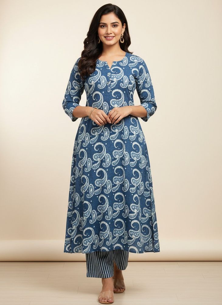 Blue &amp; White Paisley Print Kurta Set
