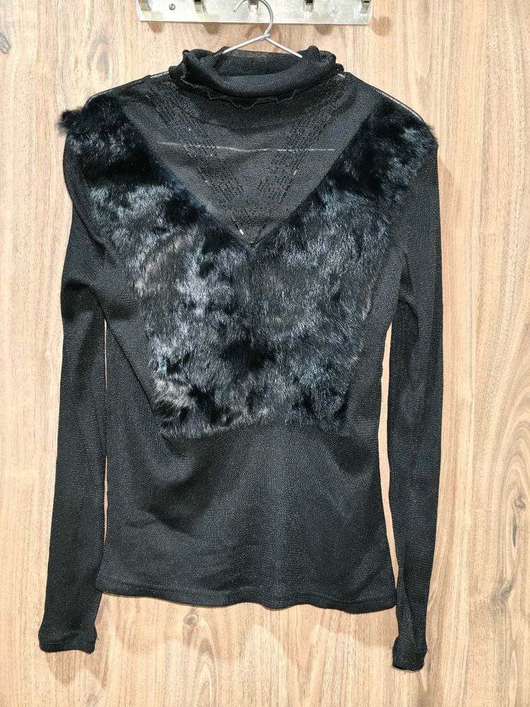Chic Black Faux Fur Trimmed Top