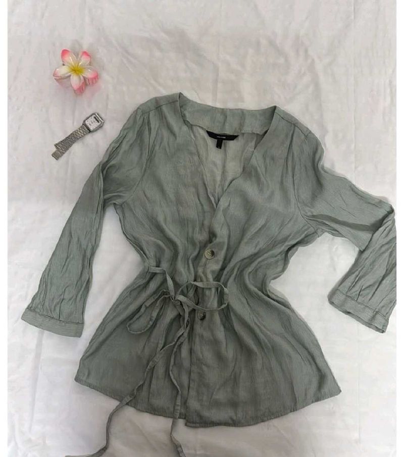 Elegant Green V-Neck Tie-Waist Top
