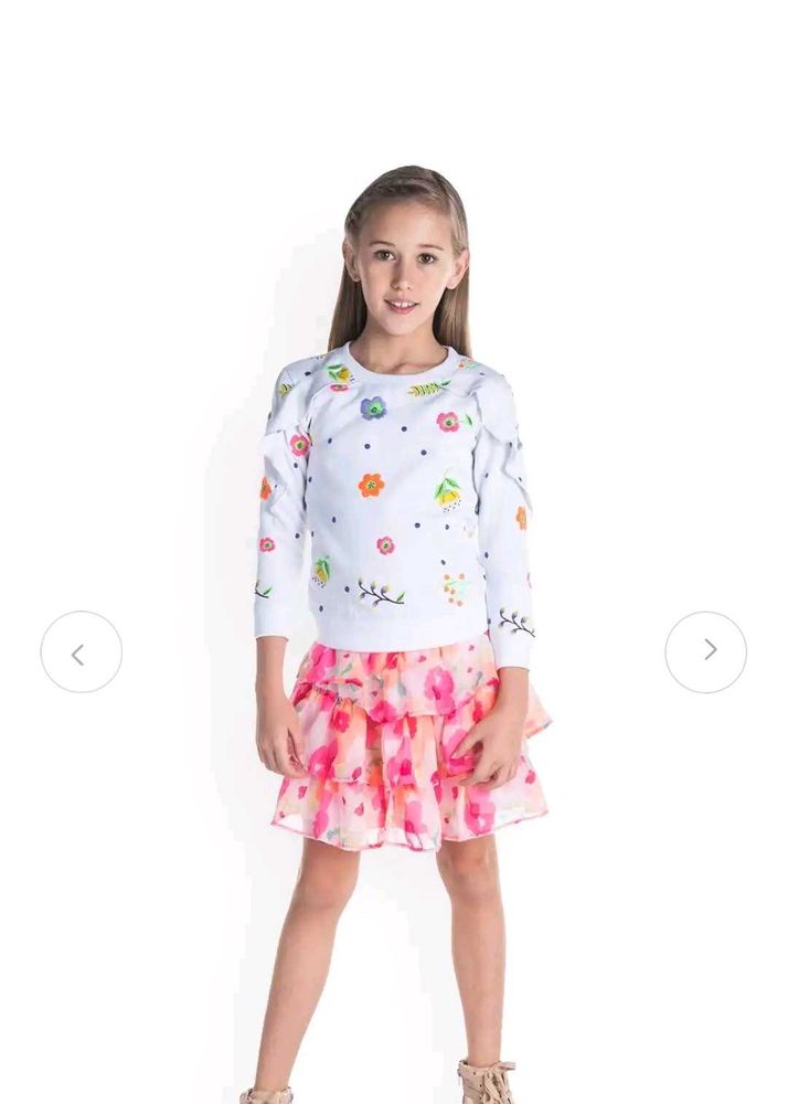 Girls Floral Print Top &amp; Ruffled Skirt Set