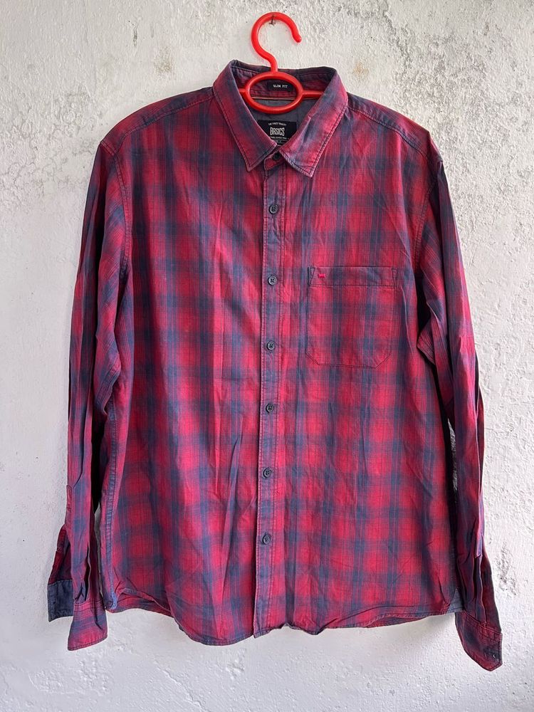 Men's Red &amp; Blue Plaid Long Sleeve Shirt