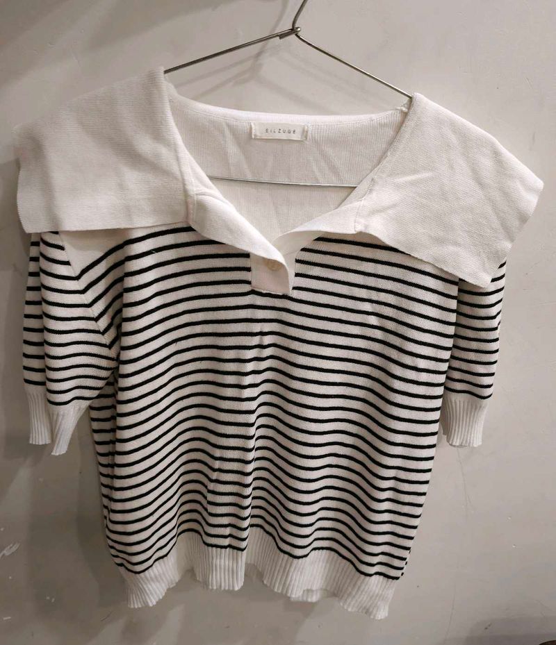 Korean style Striped Knit Top with Sailor Collar