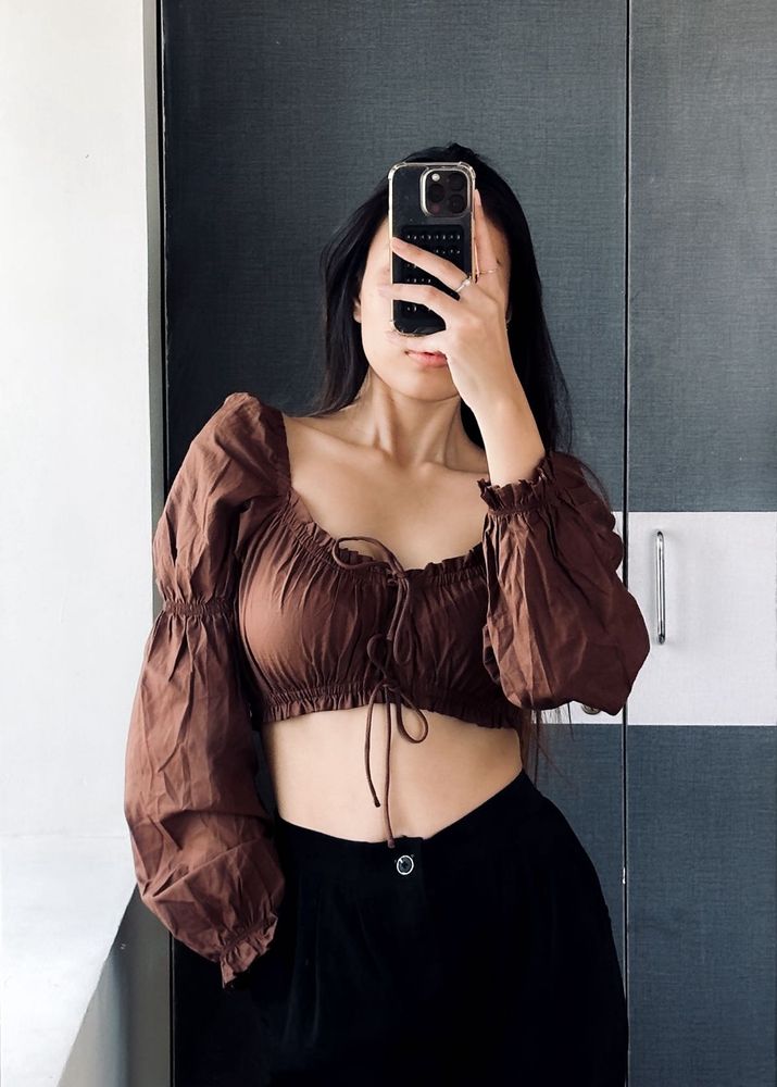 Brown Tie Front Crop Top