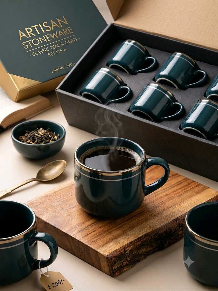 Teal &amp; Gold Artisan Stoneware Mugs - Set of 6