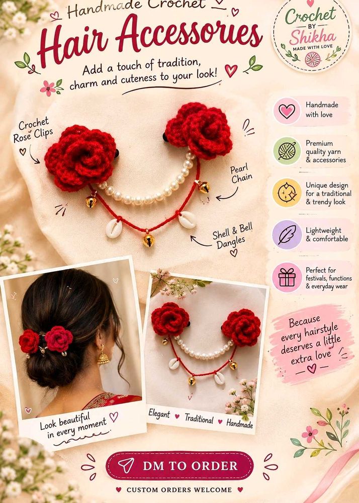 Handmade Crochet Rose Hair Clips