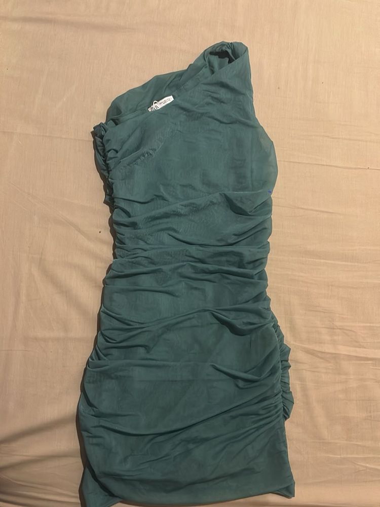 ZARA Teal Ruched One-Shoulder Mini Dress