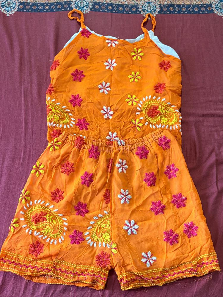Embroidered Orange Cotton Short Set