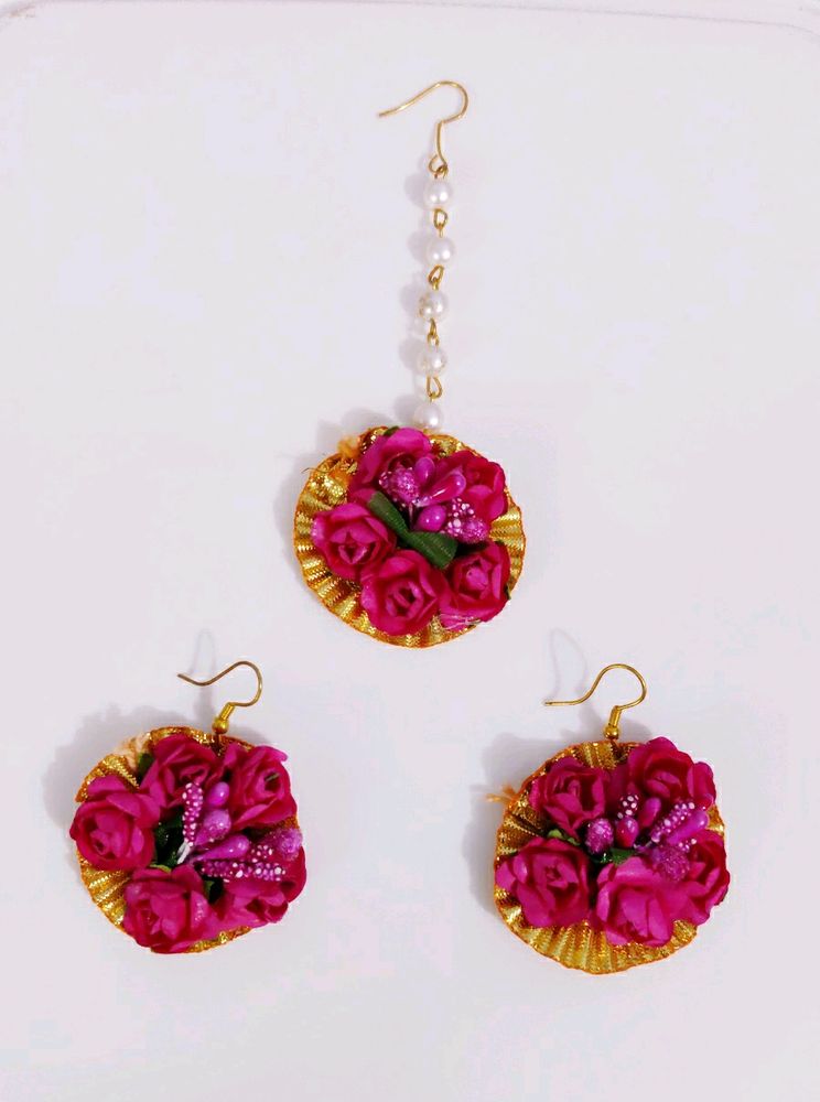 Pink Flower Jewellery - Earring &amp; Mangtika Set