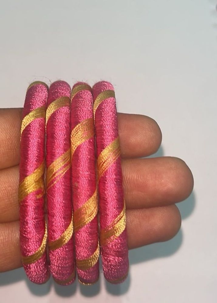 Pink &amp; Gold Thread Bangles (Set of 4)