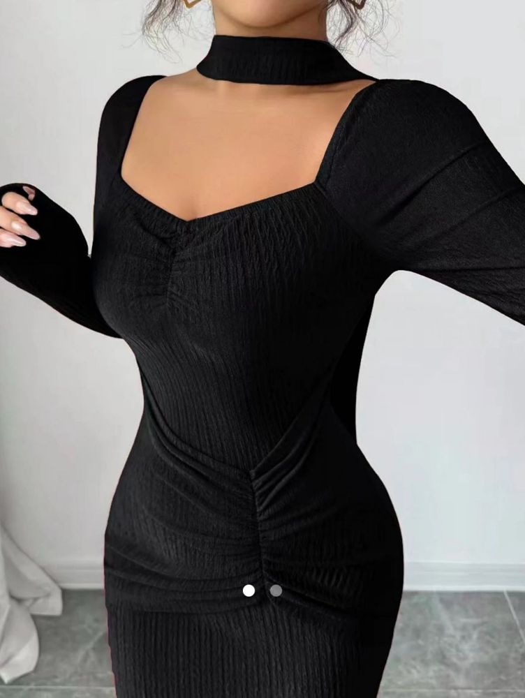 Chic Black Ribbed Mock Neck Dress