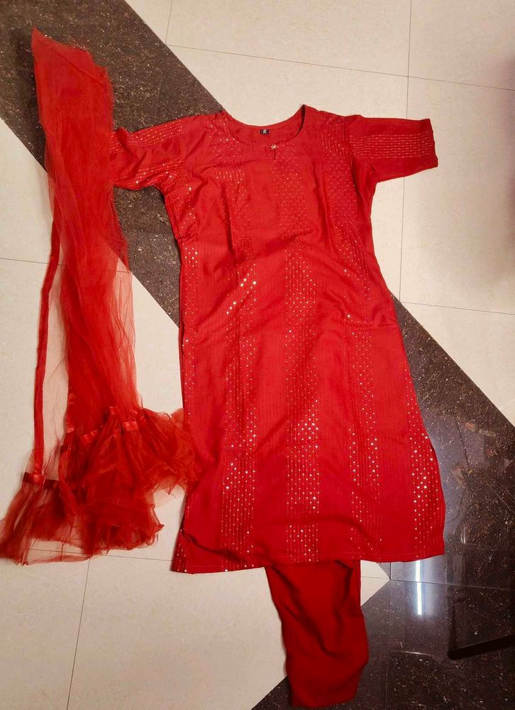 Vibrant Red Sequined Kurta Set with Dupatta