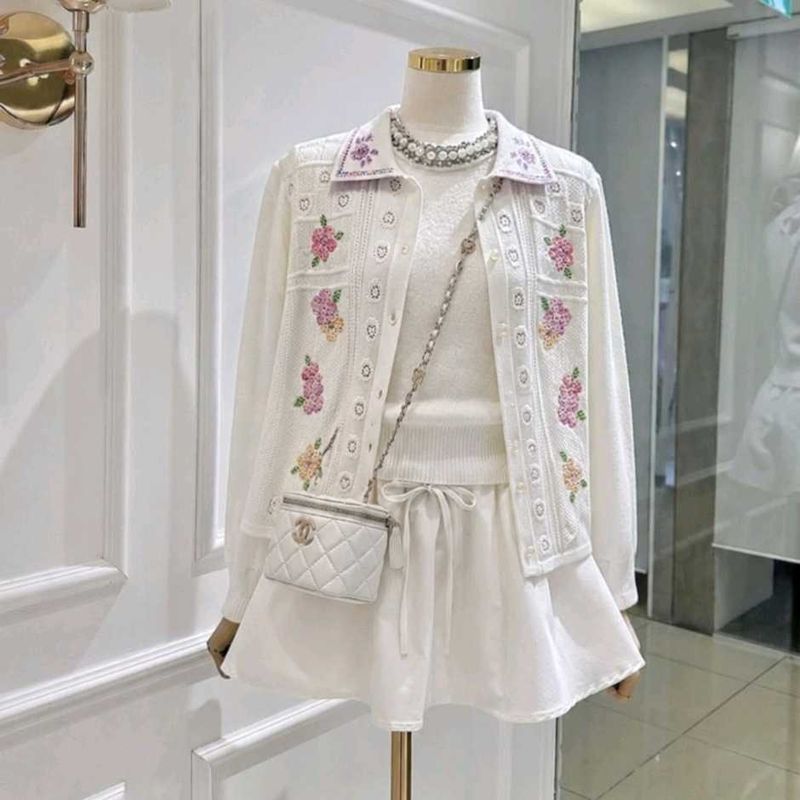 Cream Floral Embroidered Collared Shirt
