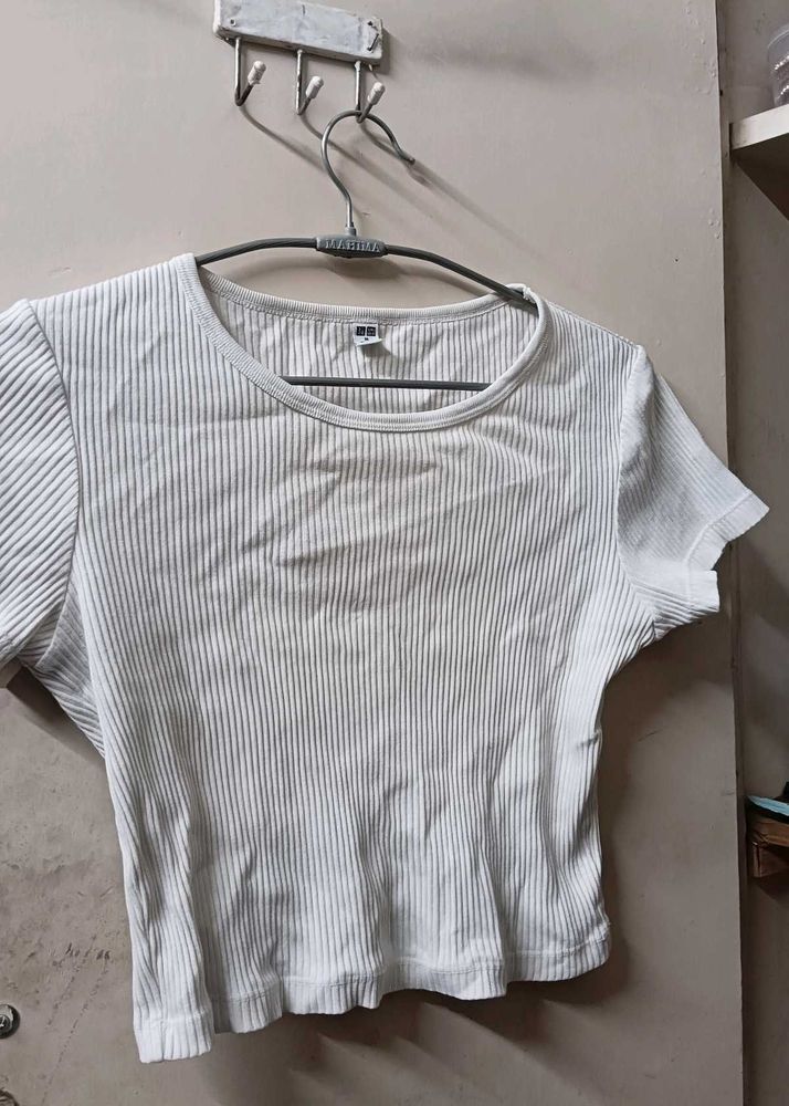 White Ribbed Cropped T-Shirt