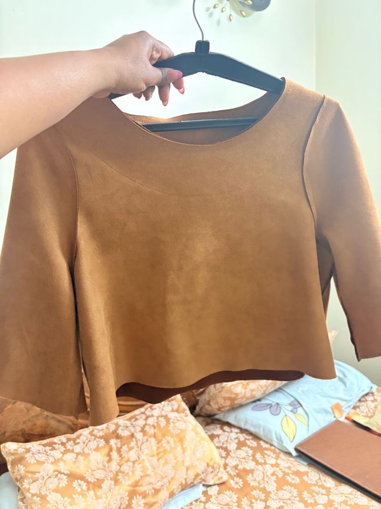 Brown Suede Bell Sleeve Crop Top