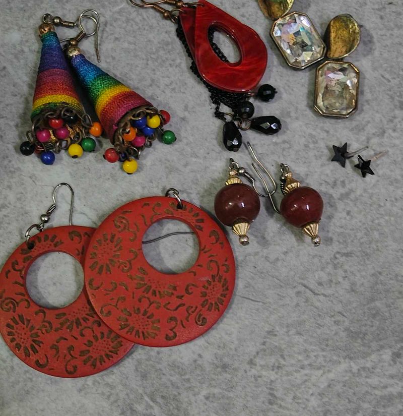 Multi-Color &amp; Red Statement Earrings  (6 pair