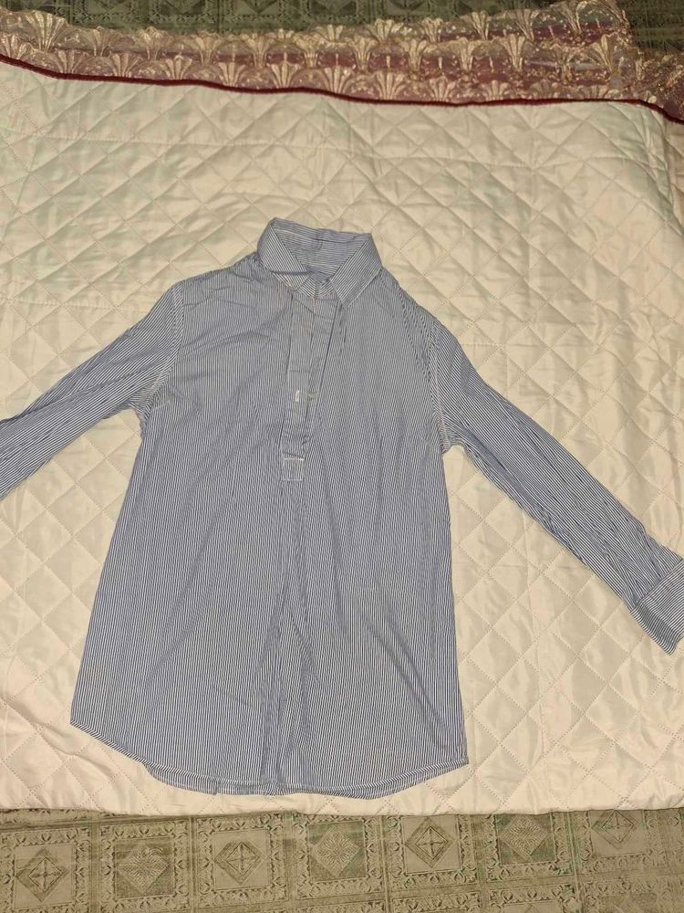 Blue Striped Button-Up Tunic Shirt