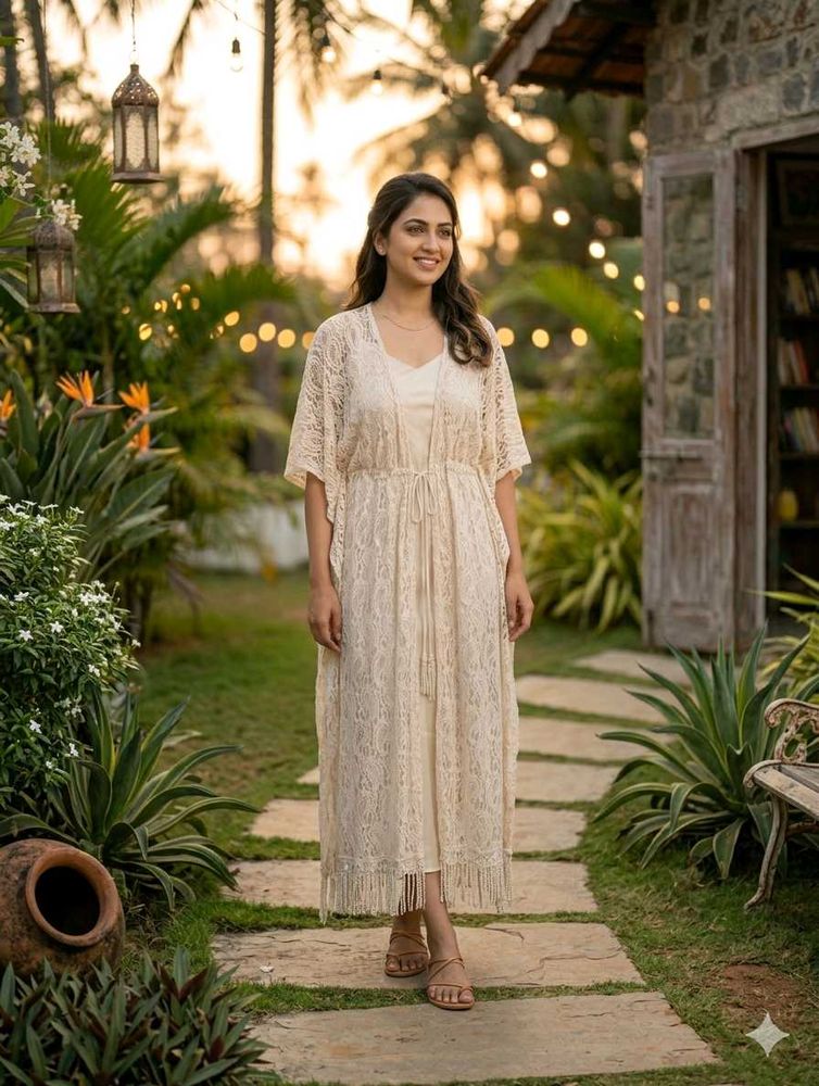 Elegant Cream Lace Kaftan Gown