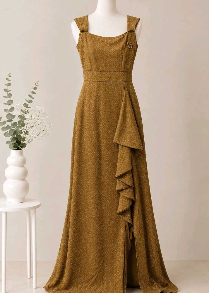 XXL size Elegant Mustard Ruffled Maxi Dress