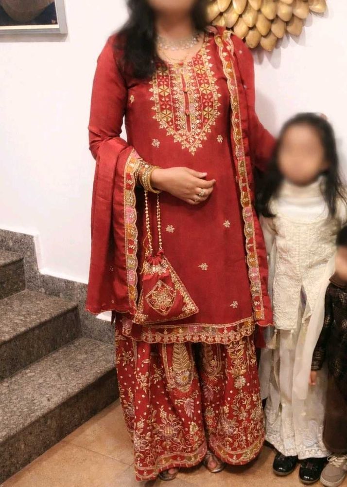 Elegant Red Embroidered Kurta Set (Sharara)