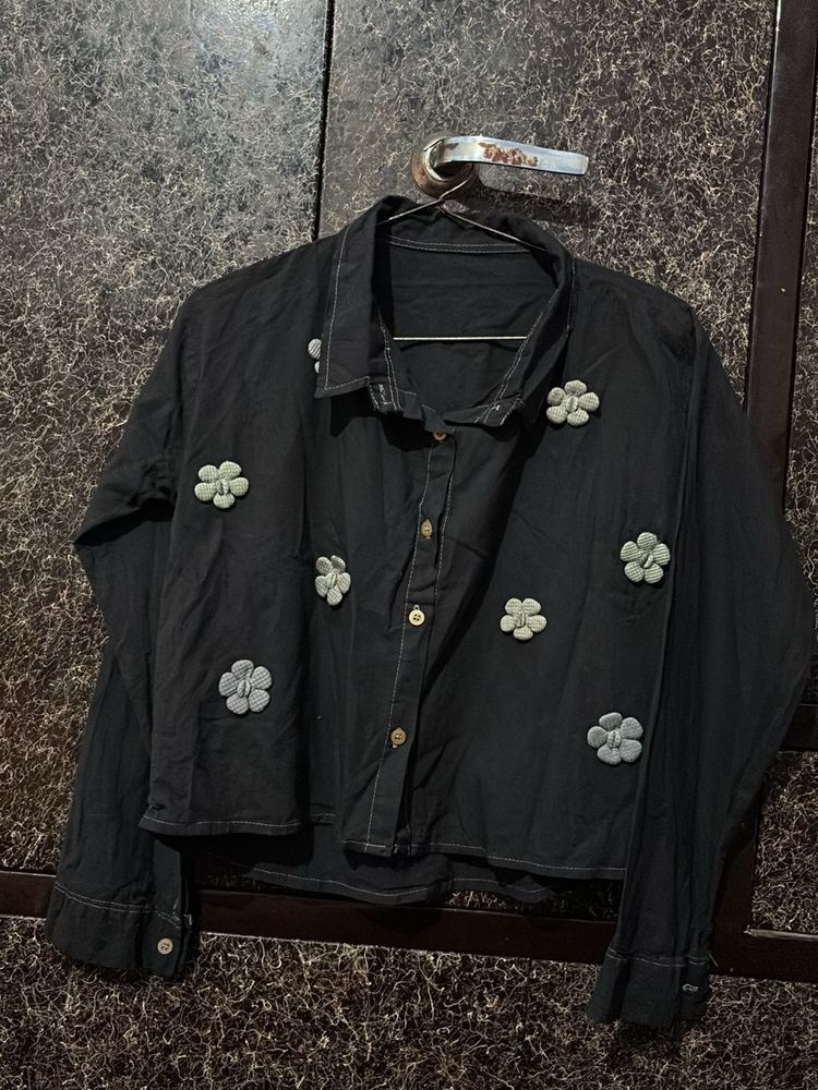 Black Cropped Jacket with Flower Appliques