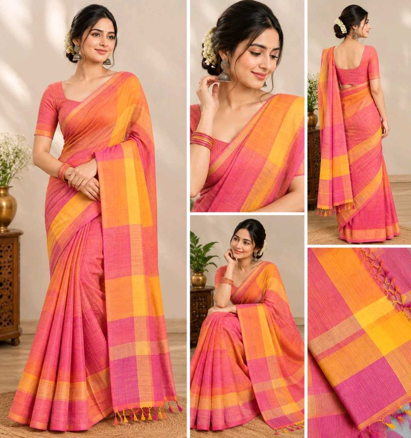 Vibrant Pink &amp; Orange Checkered Saree