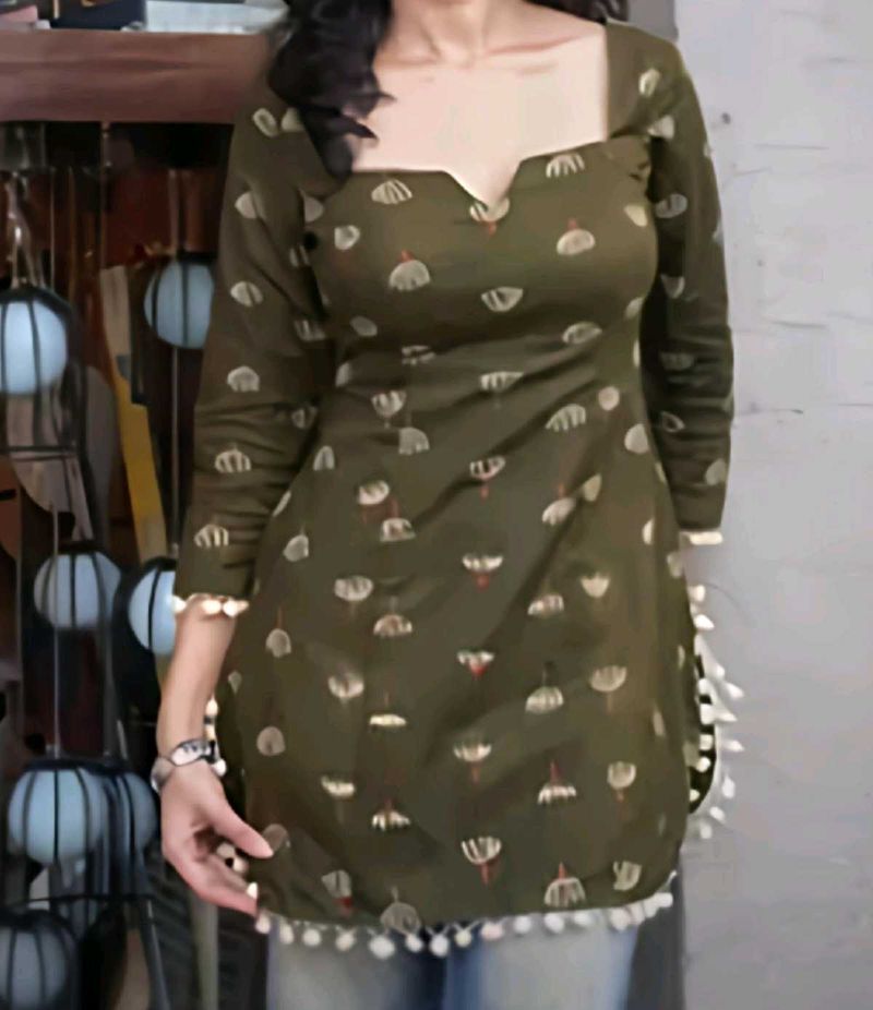 Green Printed Kurti with Tassels