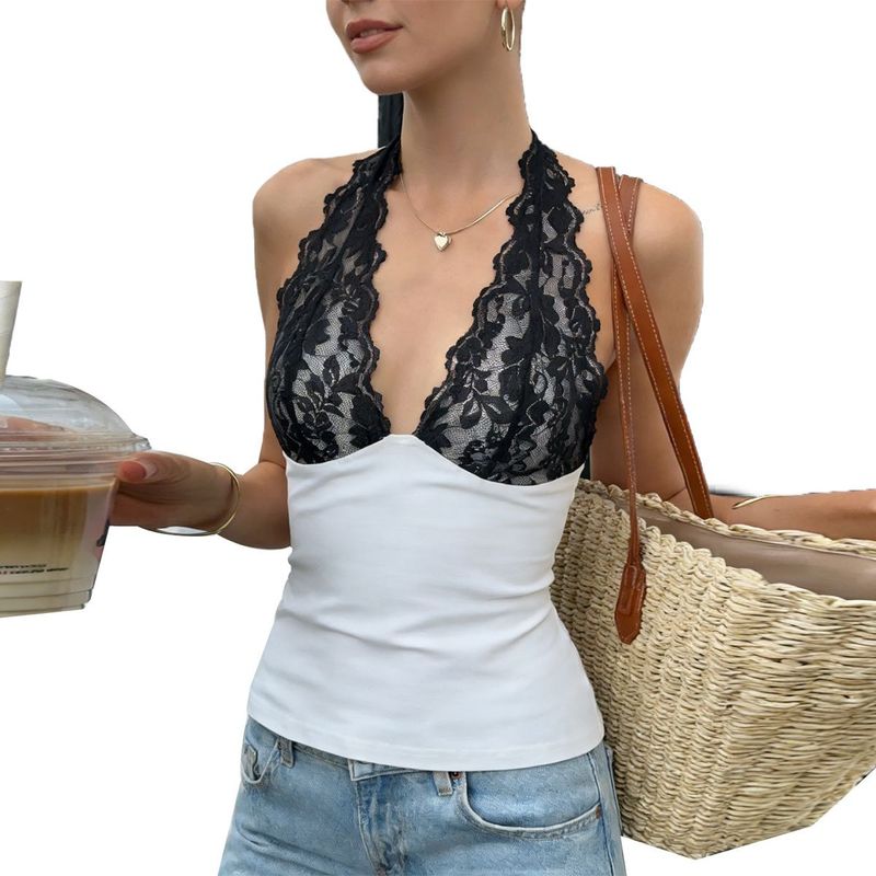 Lace Trim Halter Neck White Tank Top