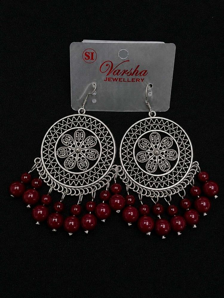 Oxidized Silver Dangle Earrings with Red Beads