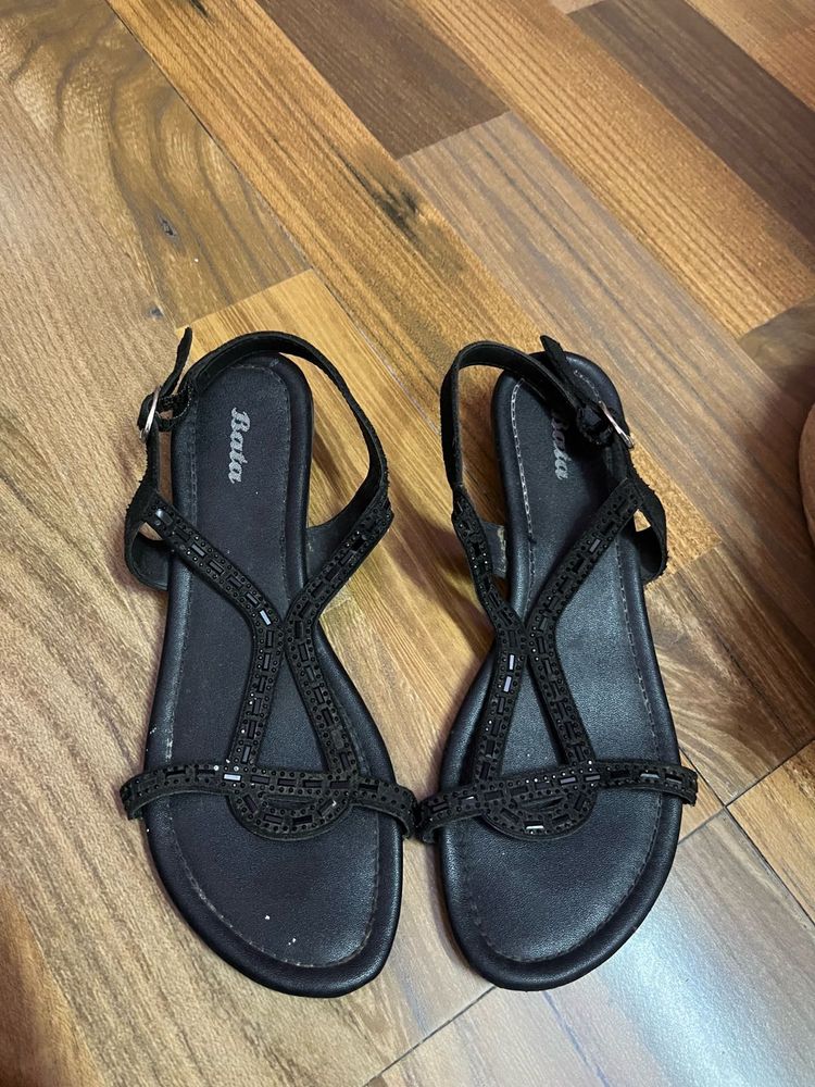 Bata Black Embellished Flat Sandals