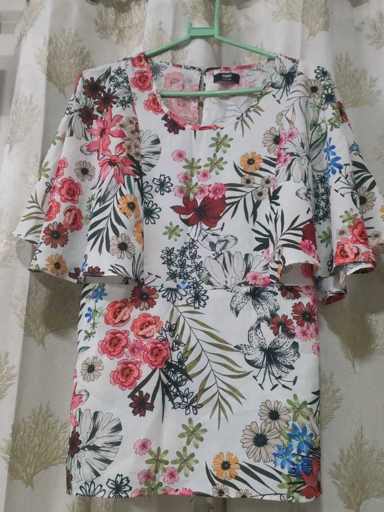 White Floral Ruffle Sleeve Dress
