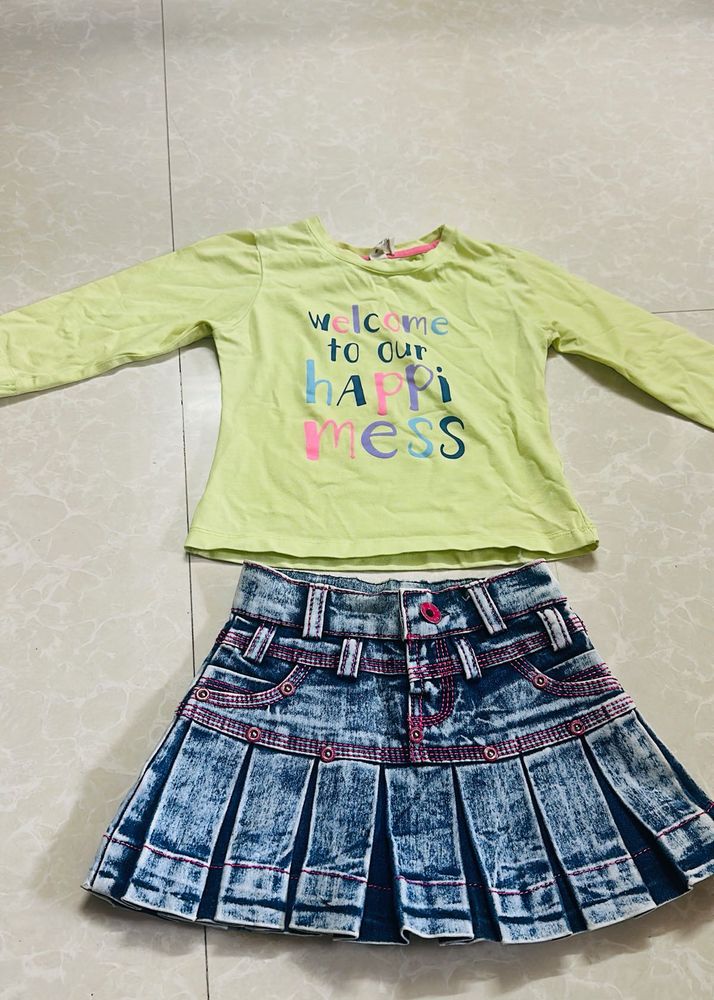 Girls Long Sleeve Top &amp; Denim Skirt Set